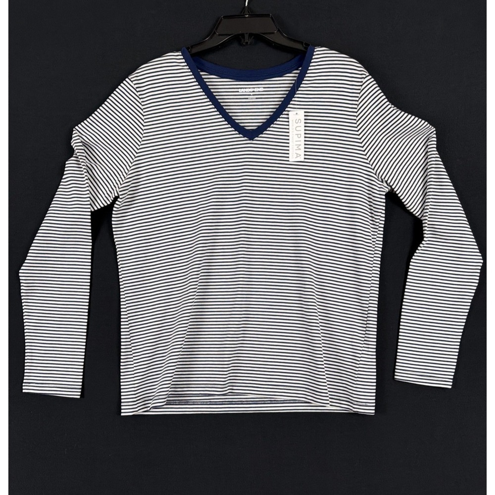 Lands End Supima Cotton Long Sleeve V-Neck T-Shirt Deep Sea/Ivory Micro Stripe S